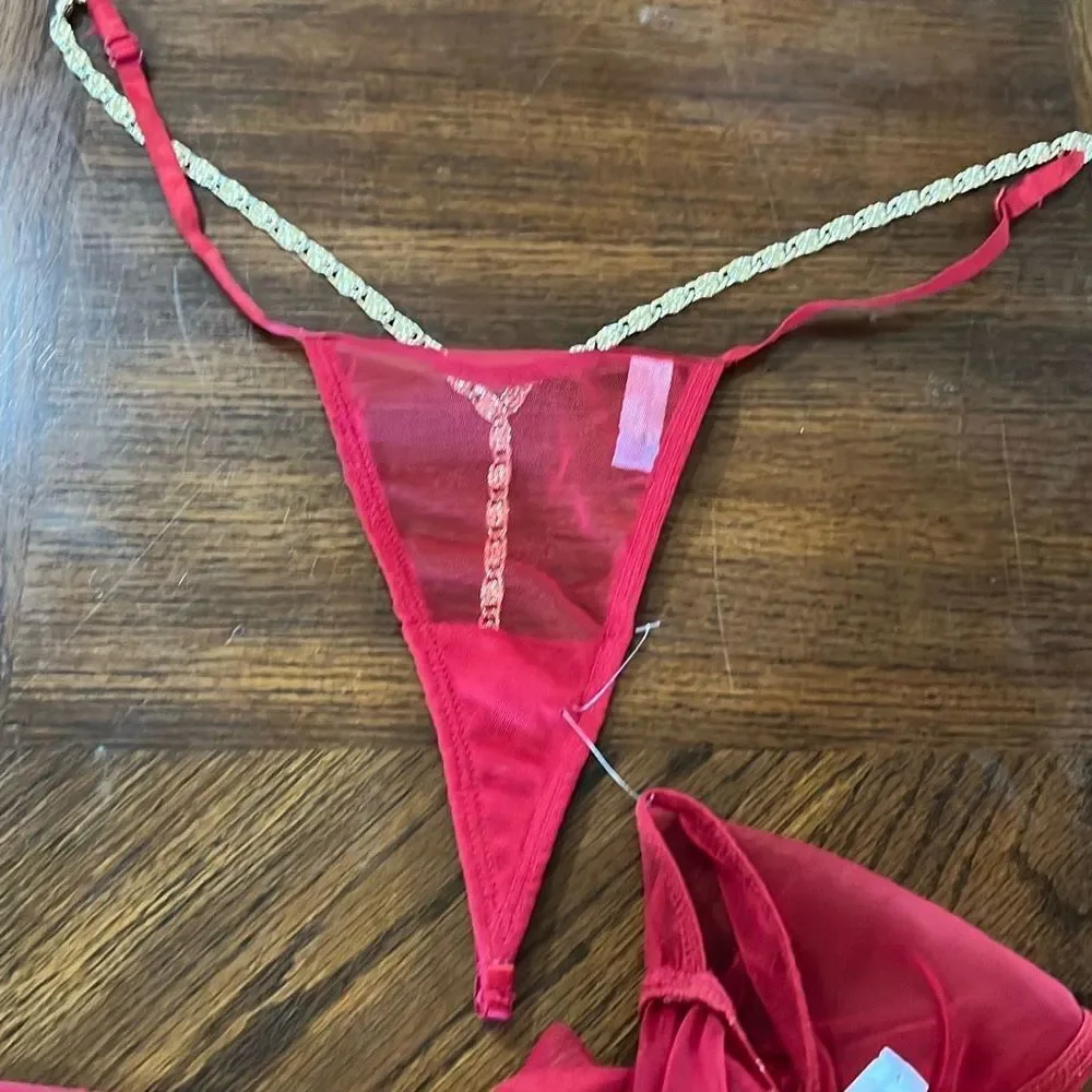 Red Garnet Mesh & Gold Chain Babydoll & G-String Small New